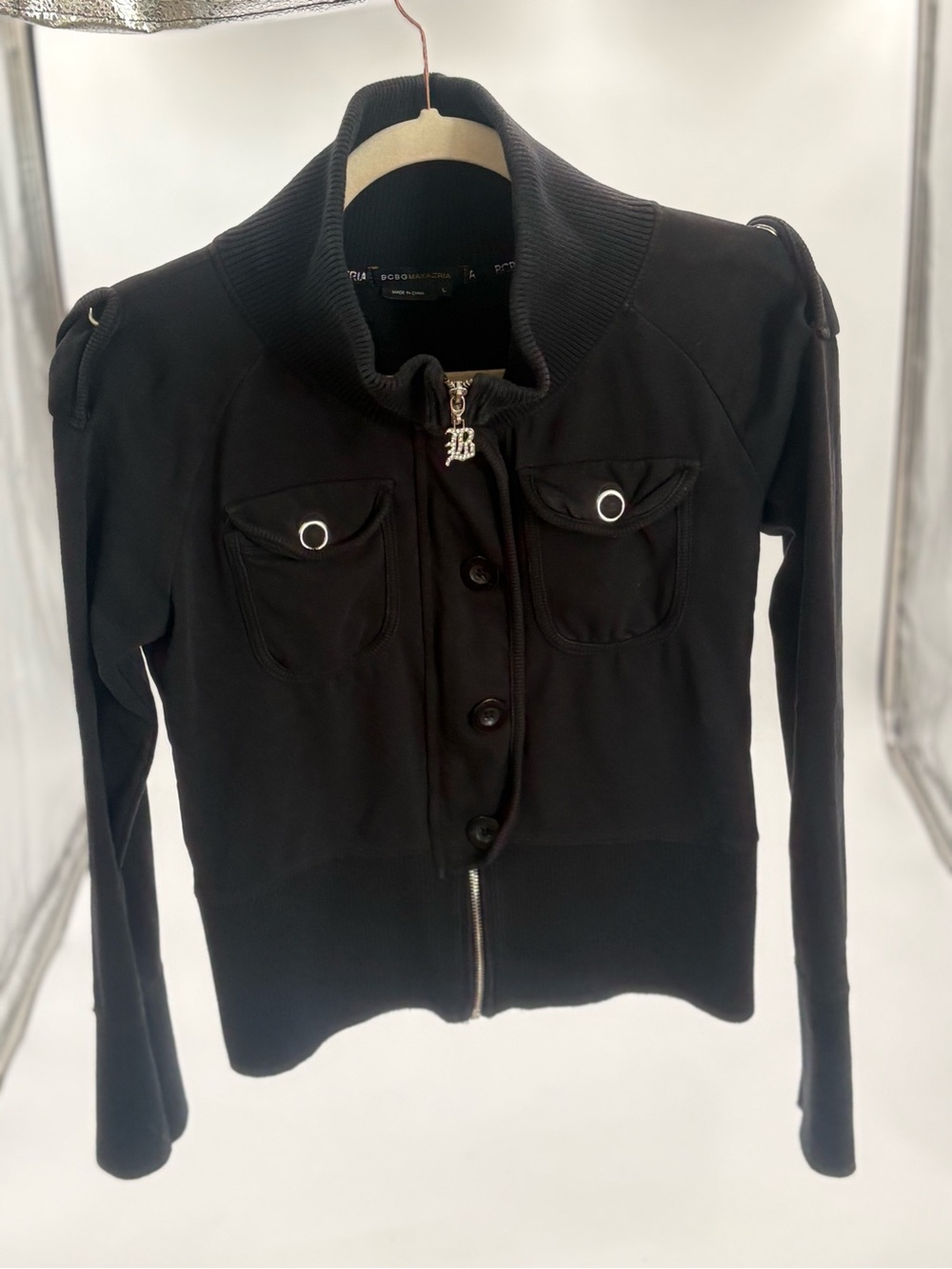 BCBG Max Azria Womens Large Black Cropped Zip Jacket Military Moto Cardigan